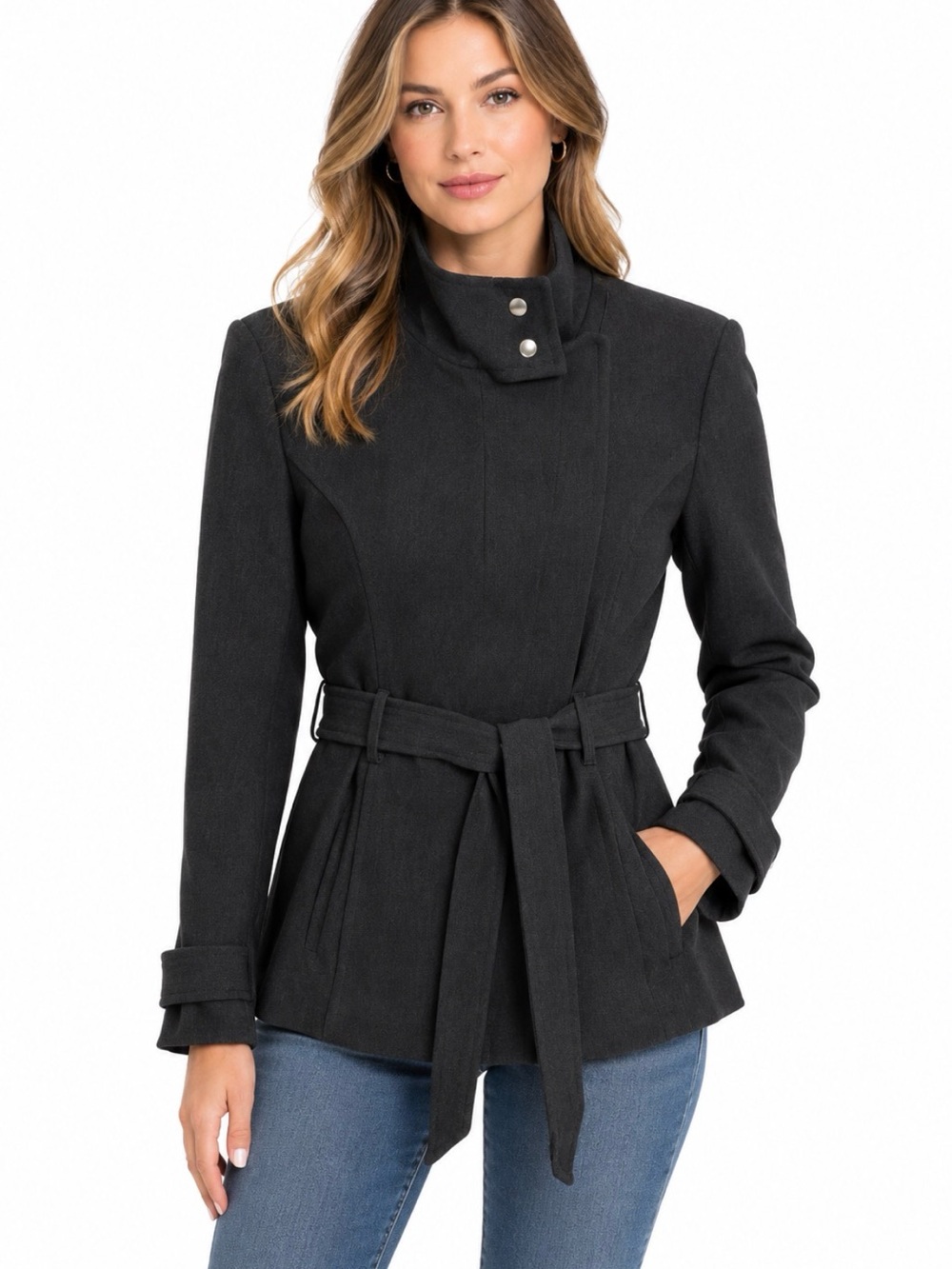 Preston & York Belted Asymetrical Zip Snap- High Collar Jacket Winter Warm Sz L